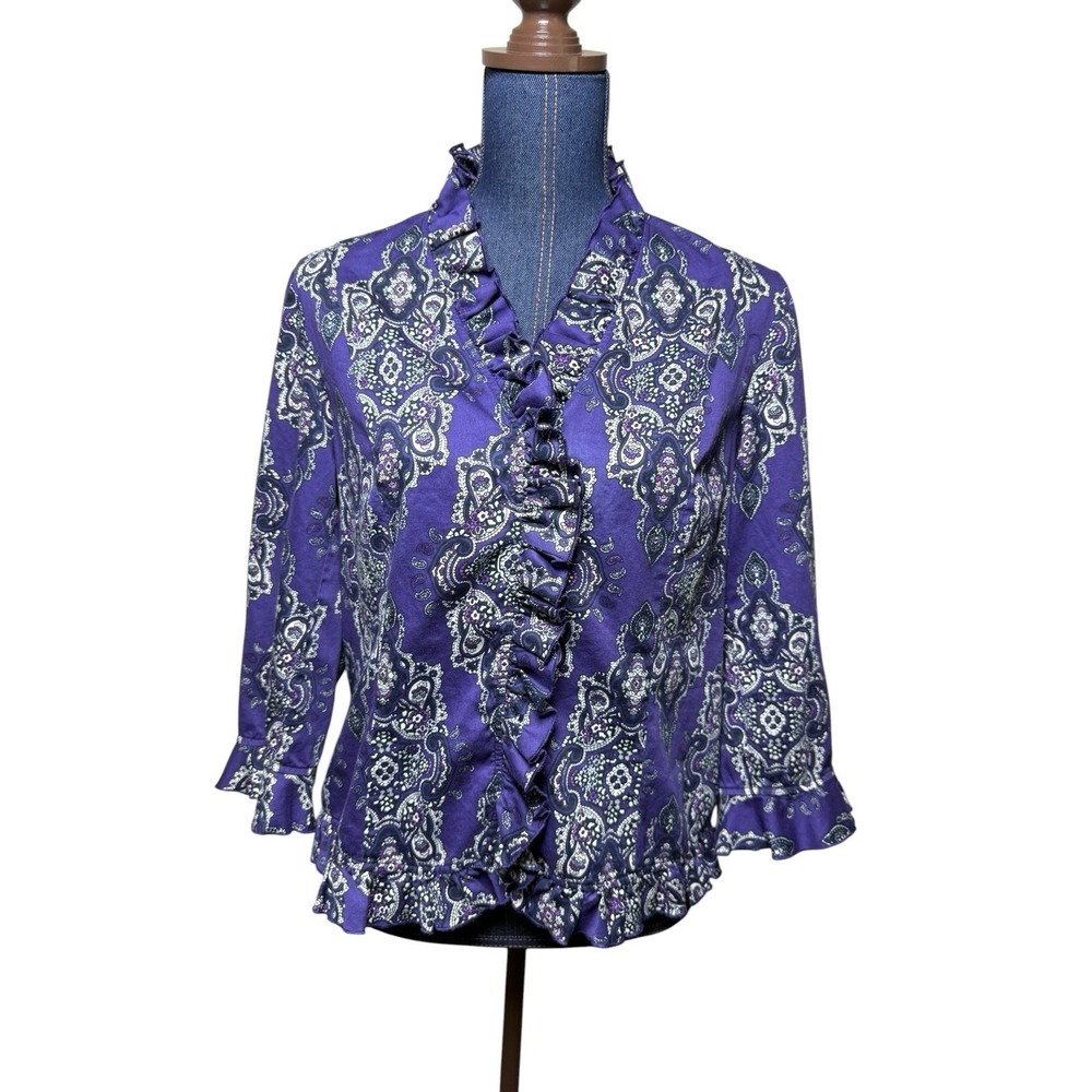 Jones New York Paisley Ruffle Blouse Boho Romantic Vintage Style Top Size Large
